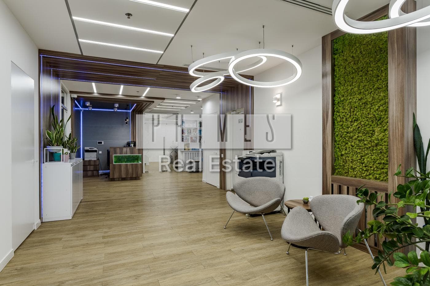 Lounge area with a green wall