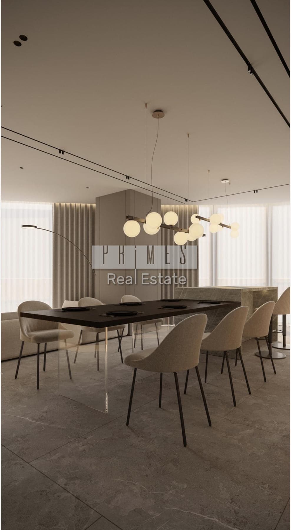 Dining area with globe pendants